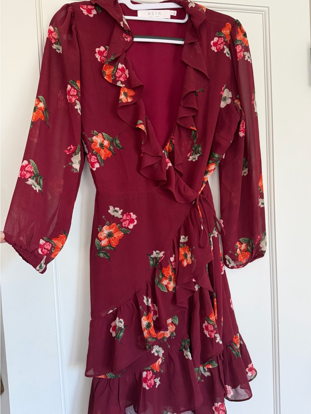 Astr Burgundy Floral Ruffle Wrap Dress